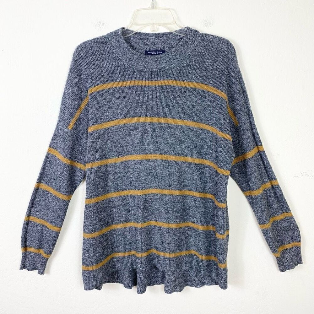 American Eagle Grey & Tan Striped Knit Crewneck Jegging Fit Sweater Size M